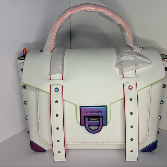 Michael Kors Manhattan Medium Contrast Trim Leather Satchel - Optic White - Picture 4 of 9